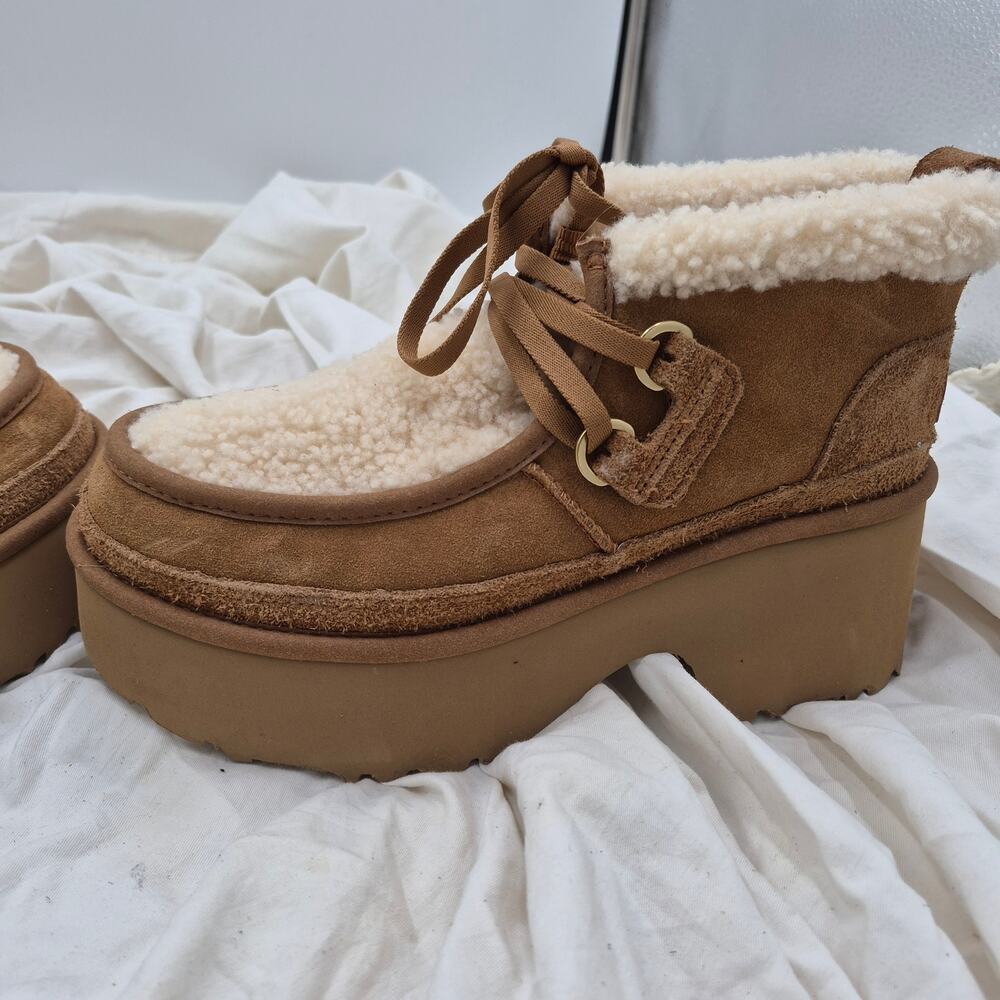 NEW UGG Classic New Heights Shearling Lace-Up Booties chestnut women's size 8